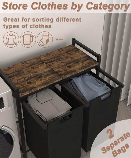 10 x 3 Gal Large Laundry Hamper with 3 Pull-Out & Removable Sorter Bags, Freestanding Clothes Basket Organizer for Clothing or Toys in Bathroom and Living Room, Rustic Brown and Black