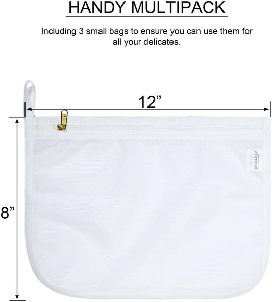 TENRAI Delicates Laundry Bags, Bra Fine Mesh Wash Bag for Underwear, Lingerie, Bra, Pantyhose, Socks, Use YKK Zipper, Have Hanger Loops, Small Openings (White, 3 Small)