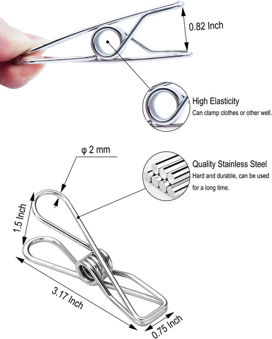 Large Stainless Steel Clothes Pins - Heavy Duty and Multipurpose Metal Clips for Hanging Clothes and Food Packages 10pcs, 3.17-inch