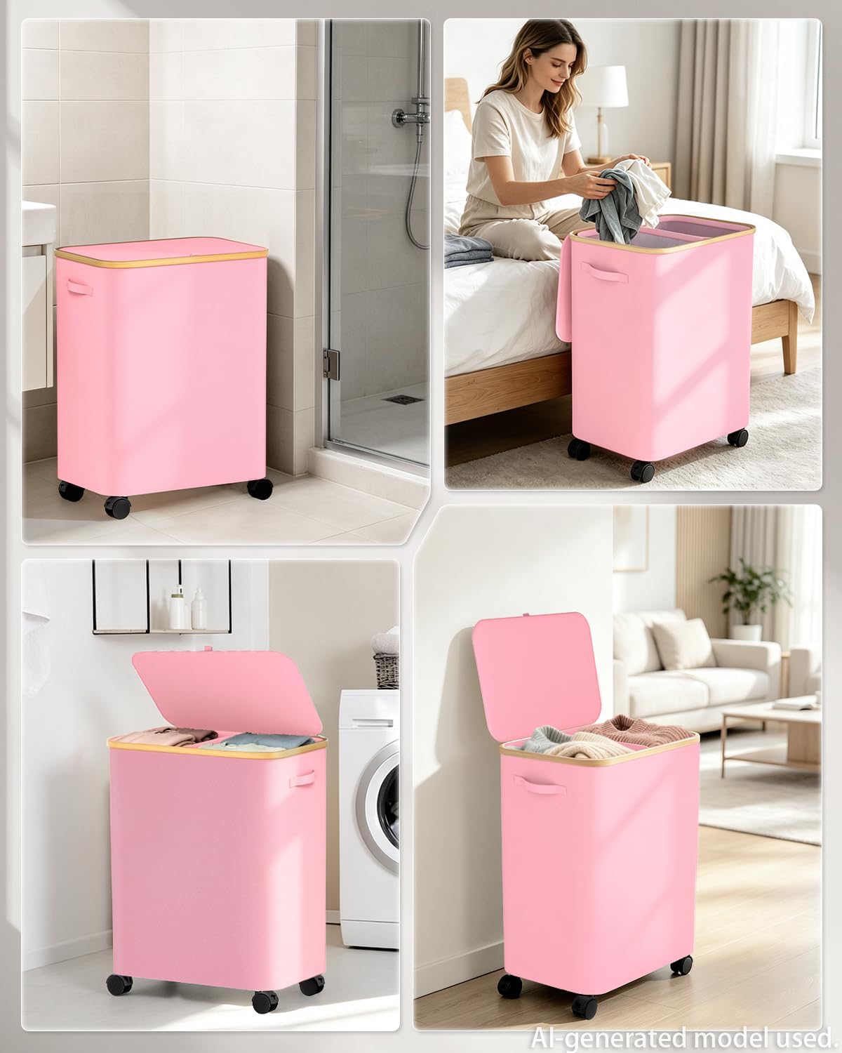 Double Laundry Hamper with Lid and Wheels, 150L Large Laundry Basket with 2 Sections & Removable Liner Bags, Rolling Dirty Clothes Basket with Handles for Bedroom, Bathroom, Dorm, College