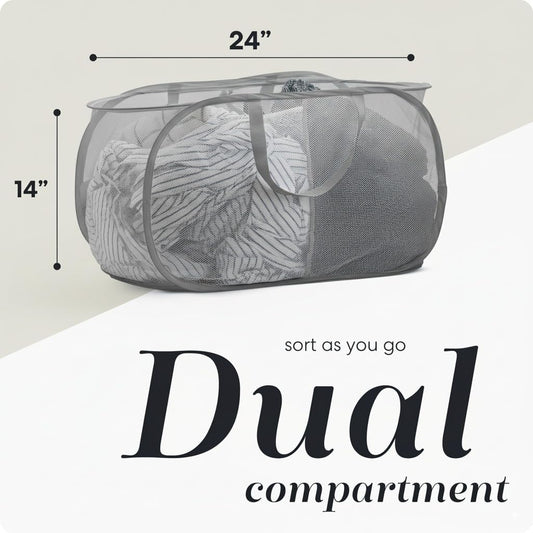 Handy Laundry Collapsible Laundry Basket, 3-Compartment Mesh Laundry Sorter, Foldable Pop Up Hamper with Handles, Space-Saving Durable Organizer for Dorm, Bedroom, Travel, White