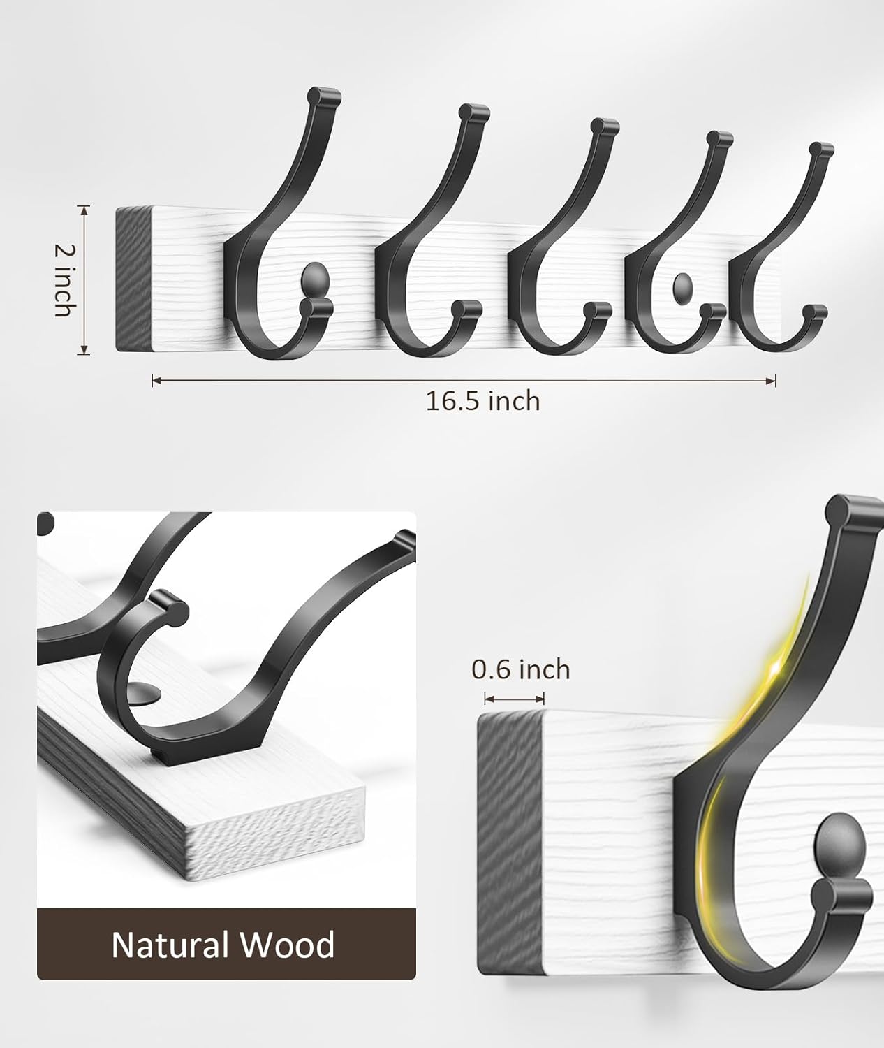 Optish Coat Rack Wall Mount, 16.5 Inches Wood Coat Hooks, Wall Hooks for Hanging, Hat Rack Bag Hanger Key Holder for Wall, Purse Hanger Towel Racks for Bathroom (1Pack, Brown)