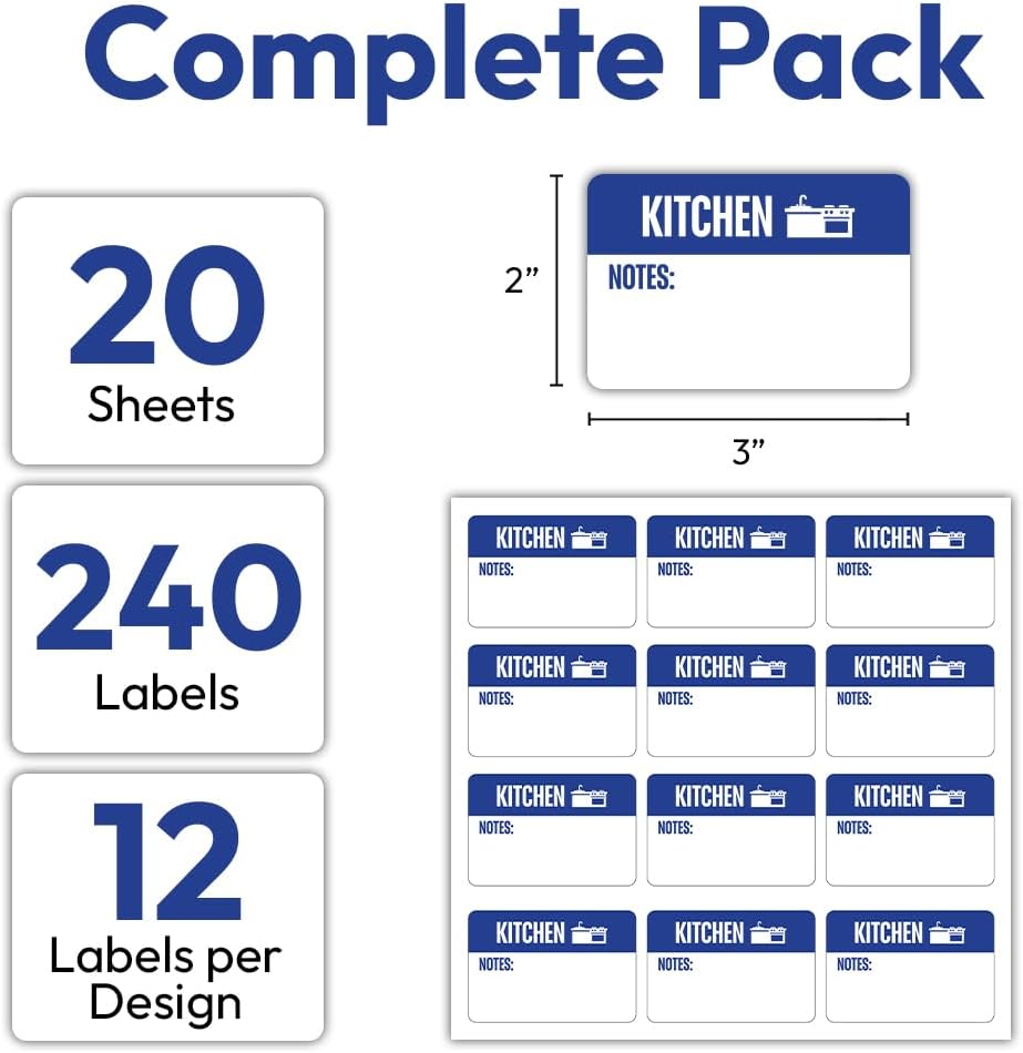 IGNIXIA Color Coded Moving Box Labels, 3x2 Inch, 20 Designs for Rooms, Writable Notes Area, Fragile, Heavy, and Blank Stickers Included
