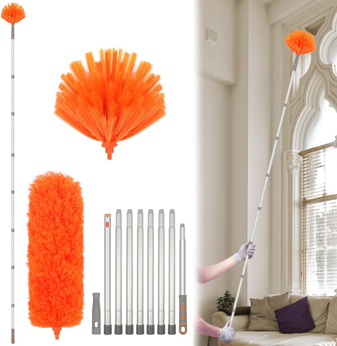 Ceiling Fan Cleaner, Extended Duster with Aluminum Pole, Adjusts 15 to 72 Inch for Cleaning Bookshelves, Window Tops