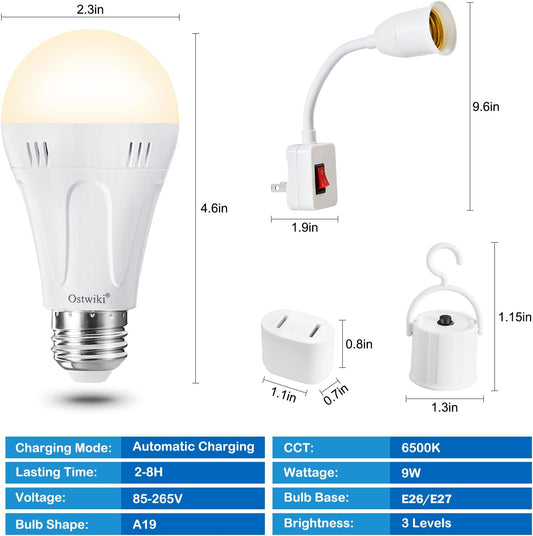 Ostwiki Rechargeable Light Bulbs,2 Pack Emergenecy Light Bulbs for Power Outage A19 E26 9W 6500K White Battery Backup Soft Light Bulb for Lamps Home Power Failure Hurricane,Blizzard