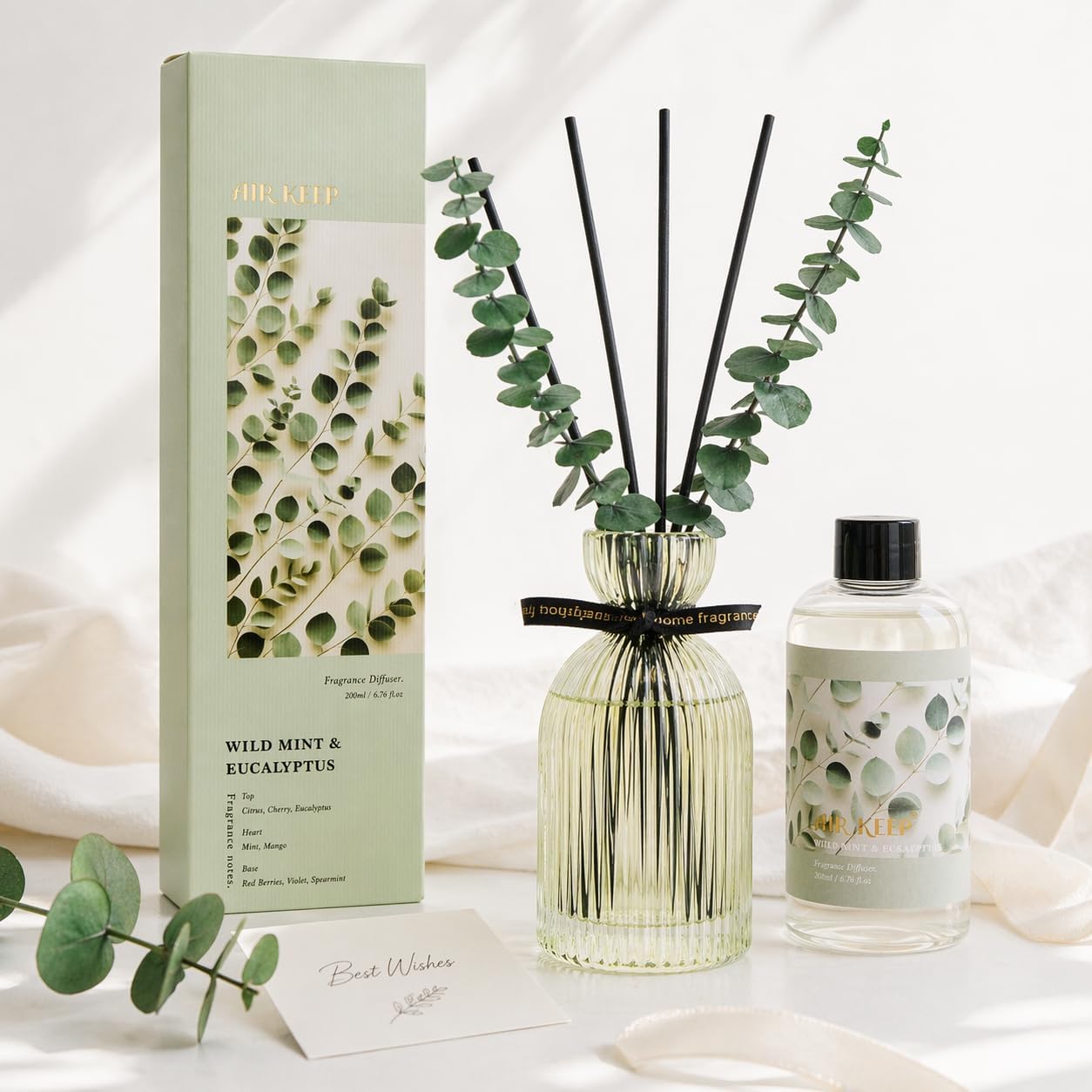 Airkeep Reed Diffuser Set 6.76 oz – Cherry Blossom Home Fragrance with Eucalyptus Sticks – Decorative Glass Bottle for Bathroom, Bedroom & Living Room Décor – Gift Ready