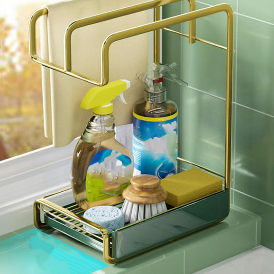 OSALADI Kitchen Wall Hanging Drying Storage Rack with Water Tray Lightweight Drain Stand for Duster Cloths Space-saving Elegant Kitchen Utensil Holder Gold Finish