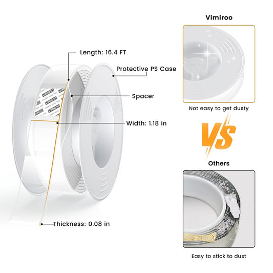 vimiroo Double Sided Tape Heavy Duty, 16.4FT Nano Tape, Extra Large Clear Mounting Tape, Removable Traceless Adhesive Tape, Strong Grip for Picture Hanging, Posters, Carpet, Wall Decor