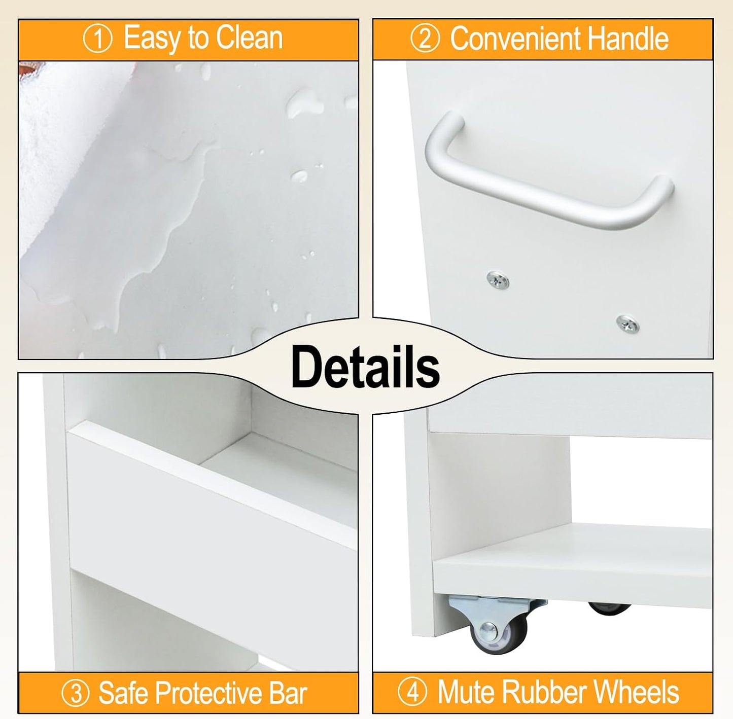 MARTY Wood Rolling Storage Cart 7.9" W, 3 Tier White Slim Utility Kitchen Cart on Wheels Laundry Room Bathroom Organizers Narrow Shelves with Handle Mobile Shelving Unit for Small Places