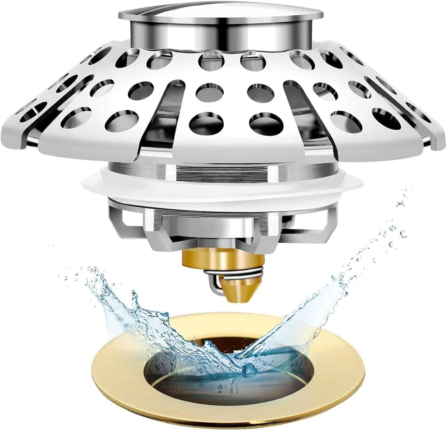 Anlige Bathroom Sink Drain Strainer, 2PCS 3 in 1 Pop Up Bathroom Sink Stopper with Removable Brass Basket Hair Catcher, Universal Sink Plug for 1.06 to 1.6in Drain Hole, Chrome Silver