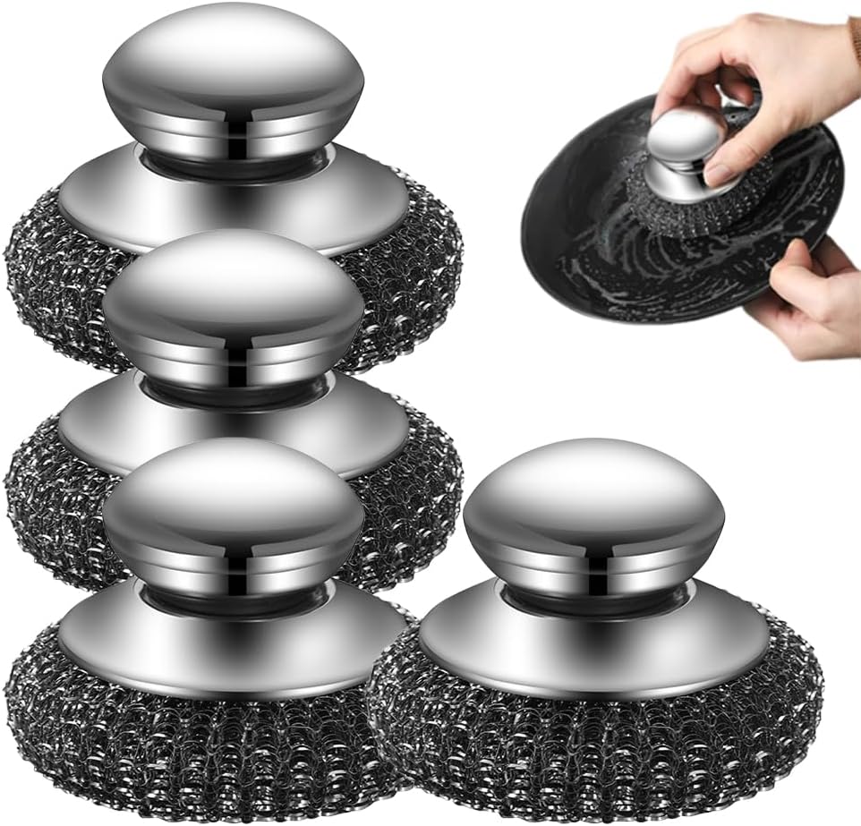 Steel Wool Scrubber with Handle, Upgrade Heavy Duty Stainless Steel Dish Scrubber for Cleaning Dishes, Iron Pots, Stoves, Kitchen Sink (1 pcs)