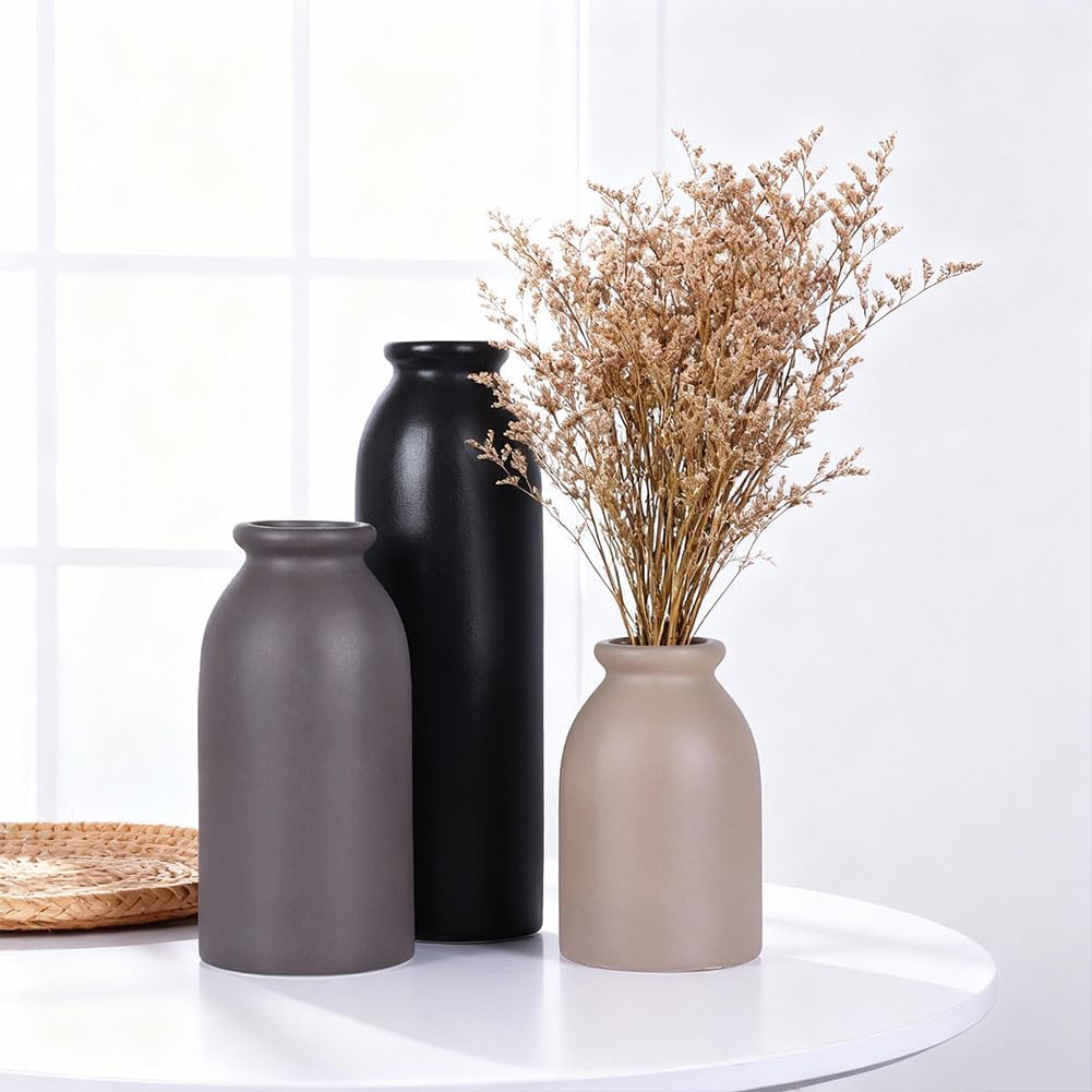 Green Ceramic Vase Set of 3 - Modern Rustic Farmhouse Style, Decorative Vases for Dining Table, Shelf, Bedroom, Living Room, Kitchen, Office, Bathroom, Mantle, Centerpiece Décor (Green)