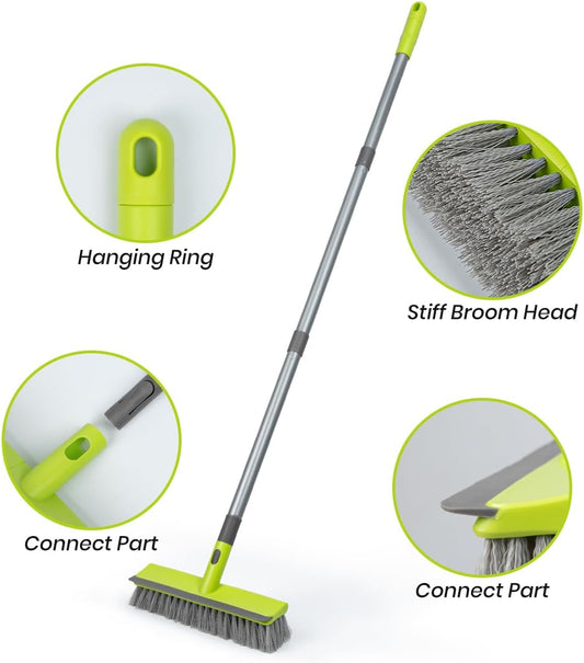 Floor Scrub Brush with 57" Long Handle, 2 in 1 Scrape and Deck Brush Floor Scrubber for Cleaning Smooth Concrete, Carpet, Patio, Kitchen Wall and Tile