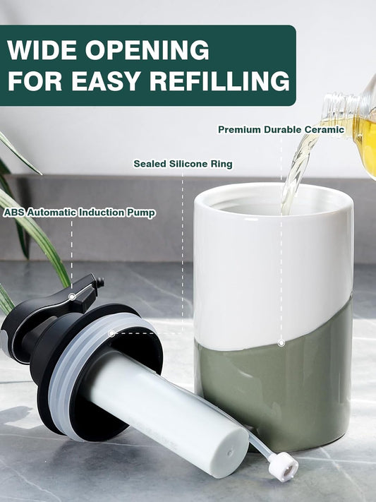 BosilunLife Automatic Soap Dispenser Ceramic Hand Free Soap Dispenser with Waterproof Pump Rechargeable Smart Electric Lotion Soap Dispenser Touchless (White-Green, Foam Pump)
