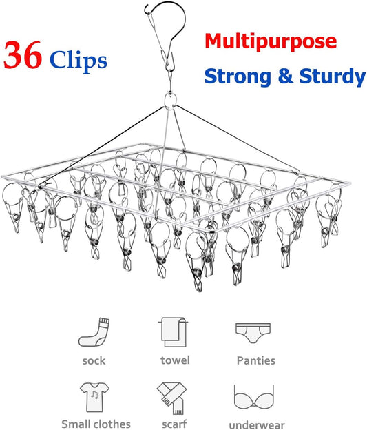 Stainless Steel Clothes Drying Rack with 36 Clips, 1 Pack, 360° Rotating Hanger, Windproof Design for Socks, Underwear, Baby Clothes, Towels, Lingerie, Scarves, Diapers, Laundry Drying Rack
