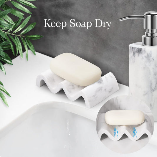 Luxspire Soap Dish, Marble Soap Dish, Self-draining Tray, Soap Holder Saver for Shower, Bathroom, Sink, Kitchen and Countertop, Gravel White