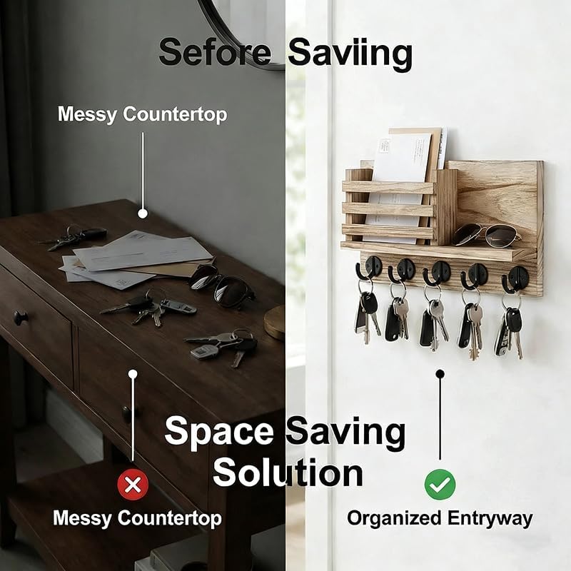 Wall Key Hook, Mail Organizer with 5 Metal Key Hooks, Decorative Key Rack Wall Mount, Tung Wood, 11.8 x 6.7 inches, Includes mounting Hardware (Brown)
