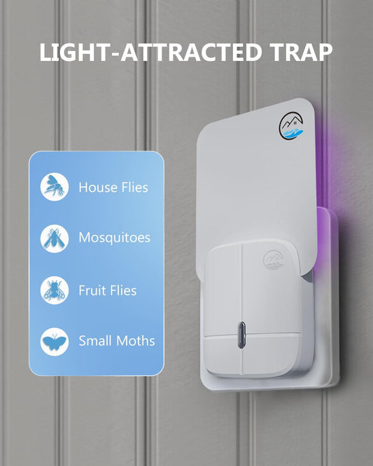 Mosiller Flying Insect Trap, Indoor Plug-in Fruit Fly Trap, Gnat Traps, 400 Total Sq Ft Protection, Suitable for Gnat, Moth, and Mosquito, and Can Used in Every Corner of Home - 1 Device +5 Glue Cards