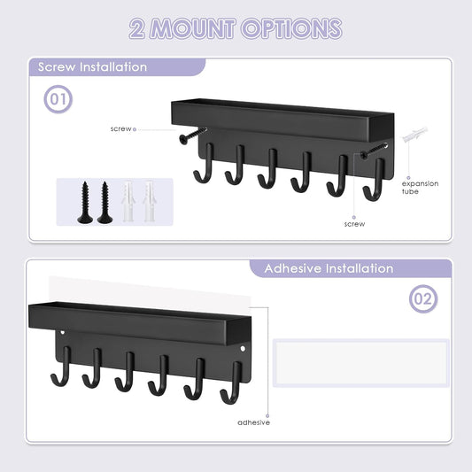 VIS'V Key Holder Wall Mount, Adhesive Key Rack with Tray, 6 Hooks, Black | 2 Mount Options, Compact Discreet Design, Suitable for Entryway, Hallway, Doorway, Kitchen, Garage, Camper