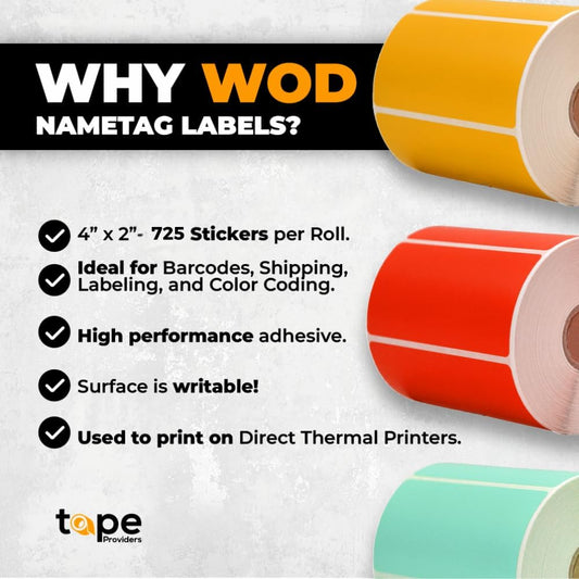 WOD Green Direct Thermal Label Rolls - 4 x 2 inch, 725 Nametag Stickers per Roll, Permanent Adhesive for Color Coding, Labeling, Inventory Management at Home, Business, and Classroom.