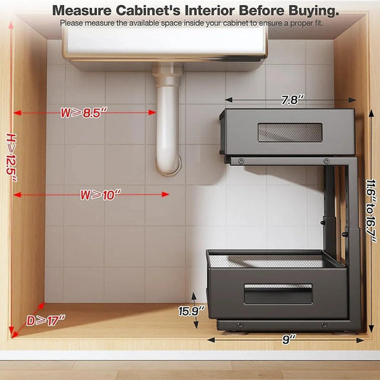 Under Sink Organizer, 2-Tier Dual Pull Out Cabinet Organizer Drawers With Smooth Circular Rail, Large Capacity Metal Mesh Sliding Shelves For Bathroom& Kitchen Storage,Height Adjustable–White,2 Packs