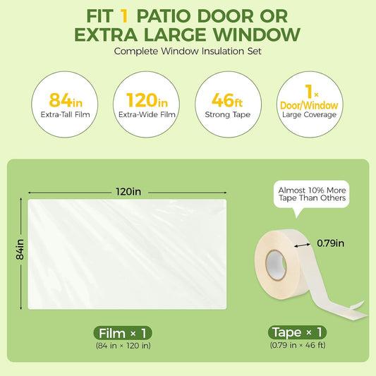 FLYZZZ Patio Door Window Insulation Kit, 84X120in Heavy Duty (0.9 Mil) Winter Shrink Film, Indoor Plastic Covering with Wide Tape for One Standard Patio Door/Extra Large Window