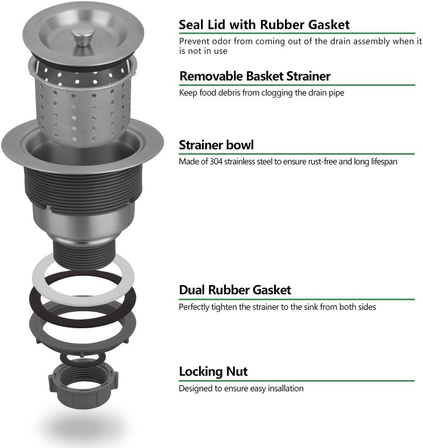 Serene Valley 3-1/2-inch Kitchen Sink Strainer Assembly, 304 Premium Stainless Steel Construction with Removable Deep Waste Basket and Sealing Lid