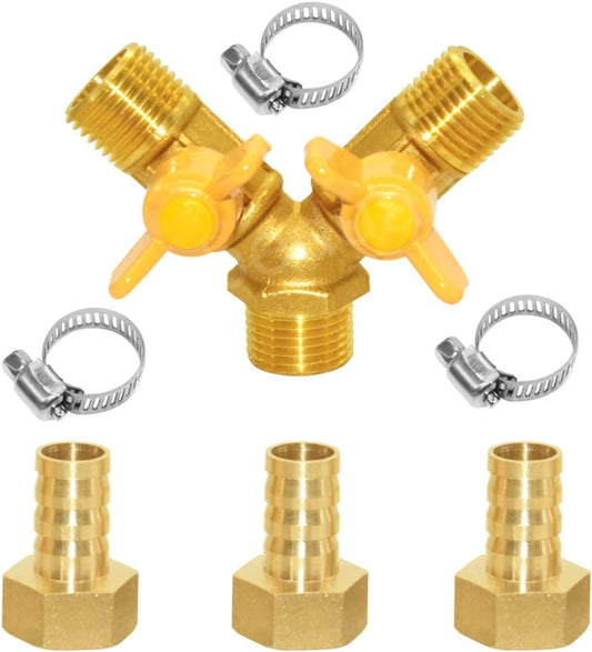 Beduan 3 Way Shut Off Ball Valve, 3/8" Hose Barb 2 Switch Brass Y Shaped Valve