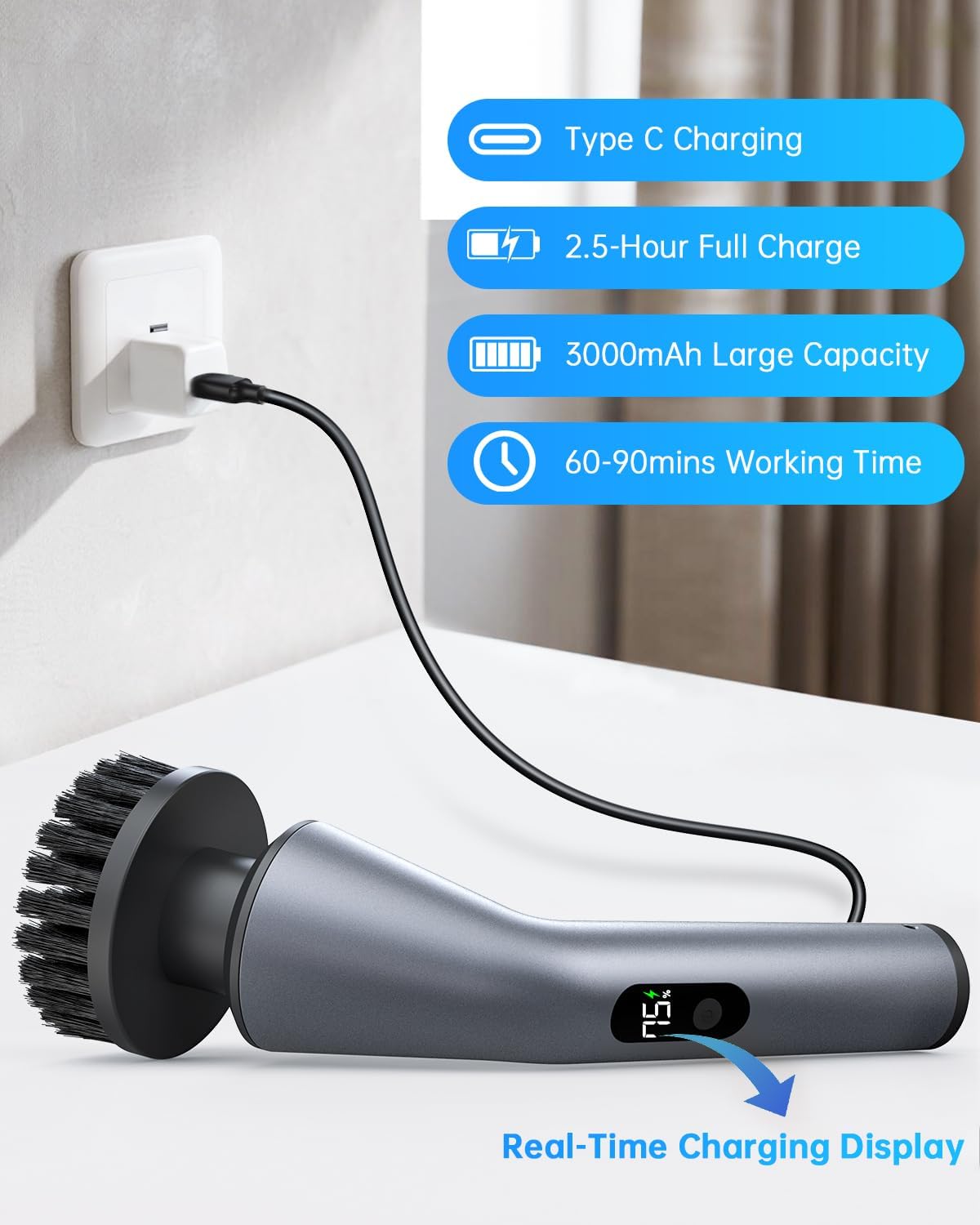 VICNOVA Electric Spin Scrubber, IPX7 Waterproof 2-Speed, Extendable Long Handle Cordless Cleaning Brush with 7 Replacement Brush Heads for Bathroom Shower Bathtub Glass Tub Tile Floor Car