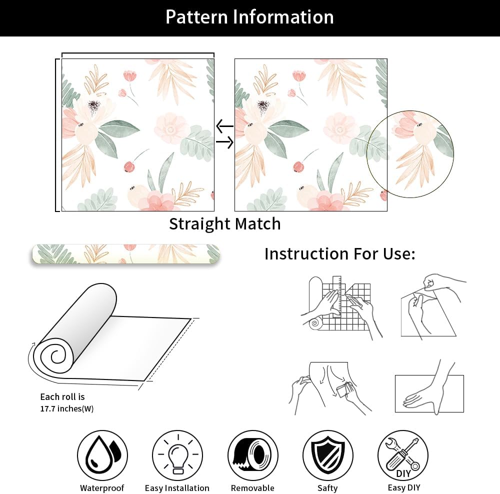 MuralPeel White/Pink/Gold Floral Garden Black Blue Flowers Vintage Peel and Stick Wallpaper Self Adhesive Removable Easy Peel Off Contact Paper Stick on Wall Paper for Bedroom Cabinet Renter Friendly