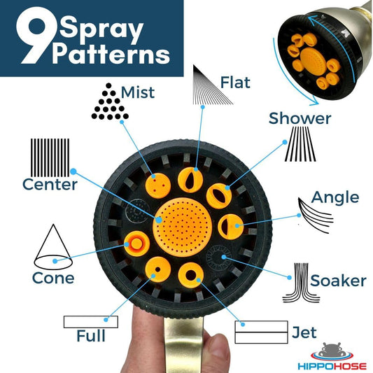 Heavy Duty Metal Garden Hose Sprayer Nozzle (9 Spray Pattern) - 3/4" Standard Fit - NO Leak - Rust Proof - Sprayer Nozzle for Outdoor Garden Hose - 9 Adjustable Pattern Sprinkler Head
