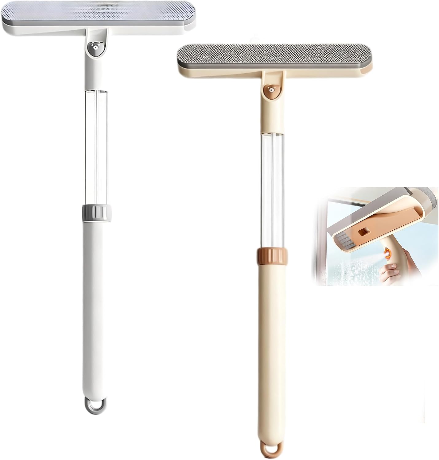 5-in-1 Double-Sided Window Screen Cleaning Brush, Multi-Purpose with Scraper, Built-in Crevice Brush, Extendable Dry & Wet Handle for Home, Office, Car & Porch Screens (Khaki)