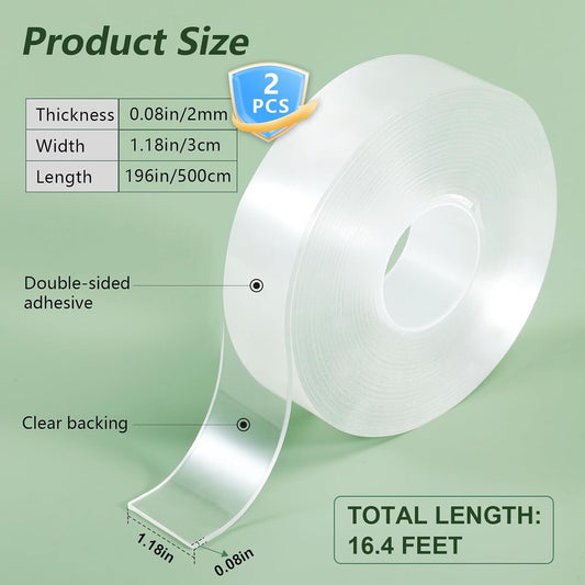 Nano Double Sided Tape, 2 Rolls, Clear, 16.4 Ft | Heavy Duty Clear Mounting Tape, Traceless Removable Nano Tapes, Strong Adhesive, Washable, No Residue