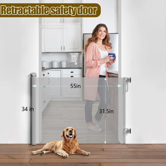 Retractable Baby Gates for Stairs Doorways Hallways, Soft Mesh Safety Retractable Dog Gate for Pet, Indoor Or Outdoor Use, Easy Installation,33.6" Tall,Expands to 55" Wide,White