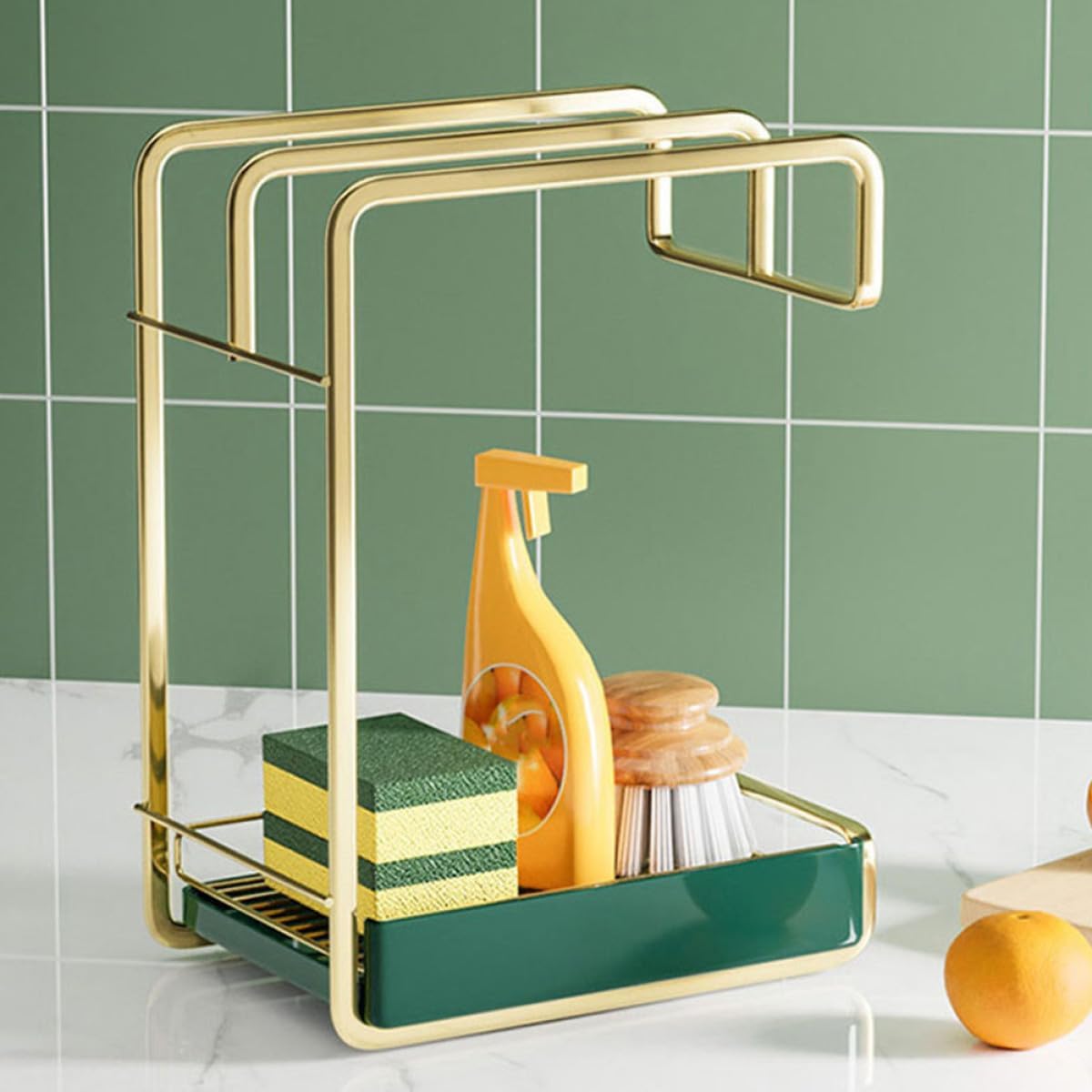 OSALADI Kitchen Wall Hanging Drying Storage Rack with Water Tray Lightweight Drain Stand for Duster Cloths Space-saving Elegant Kitchen Utensil Holder Gold Finish