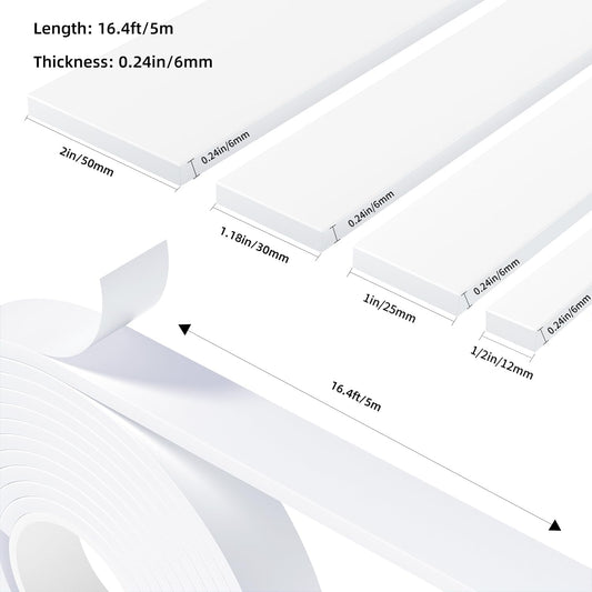 Weather Stripping Door Seal White,1/2Inch Wide X 1/4 Inch Thick,Air Conditioner Window Seal,Self Adhesive Foam Tape High Density Foam Sealing Strip,Soundproof Foam Tape Roll,Total 16.4 Feet Long