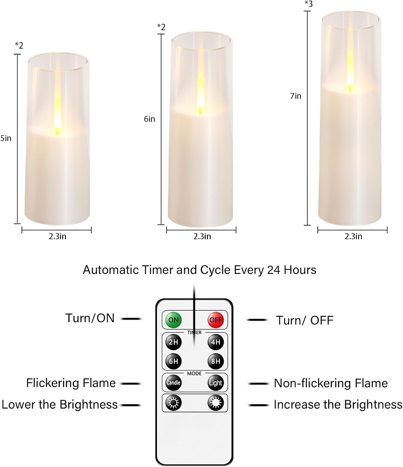 kakoya Flameless Candles Upgraded Realistic Flickering Flame,Battery Operated LED Candles with Remote Timers,Acrylic Electric Candles Set of 3(D 3" xH 4" 5" 6")(Grey)