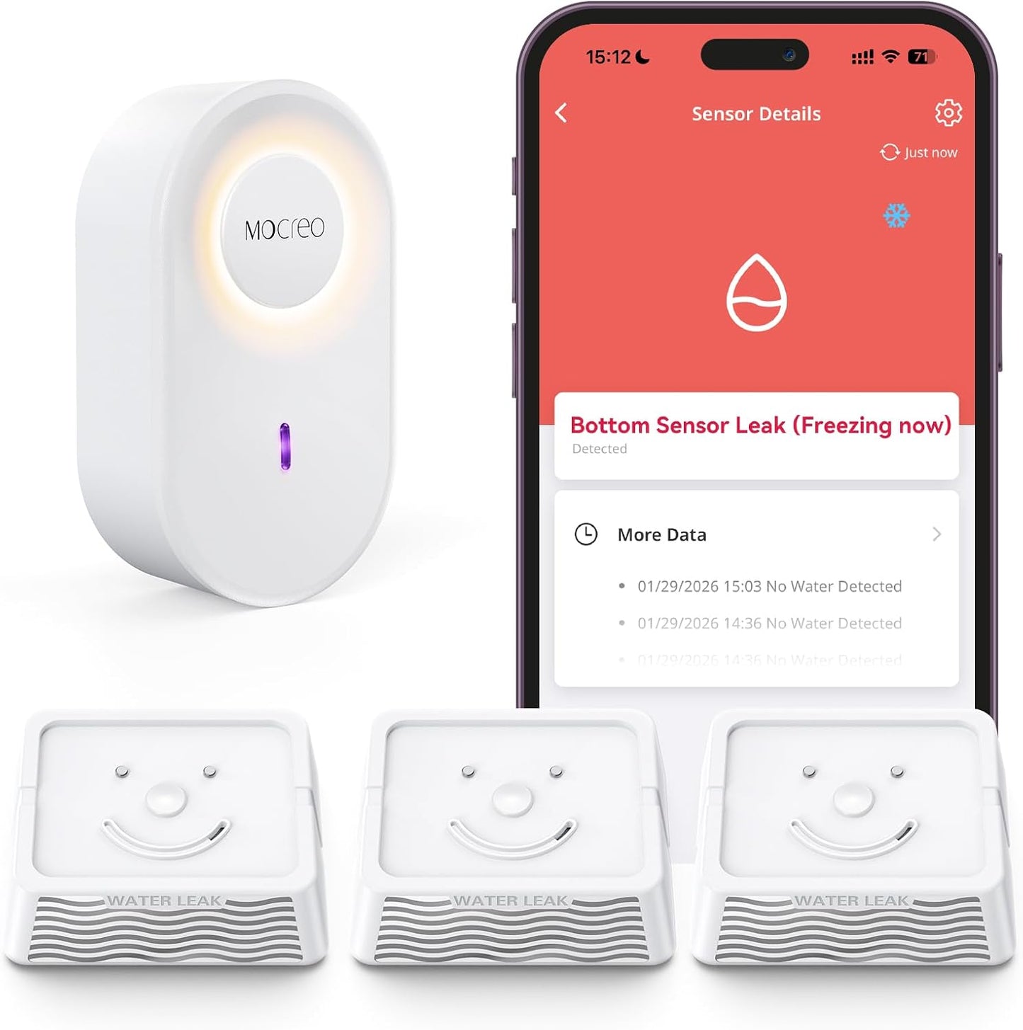 MOCREO WiFi Water Leak Detector Kit, 2000ft Long Range, SMS App Email Alerts, 105dB Adjustable Alarm, Leak Severity Tracking, 5-Year Battery Life, 3 IP67 Water Leak Sensors for Home Basement Kitchen