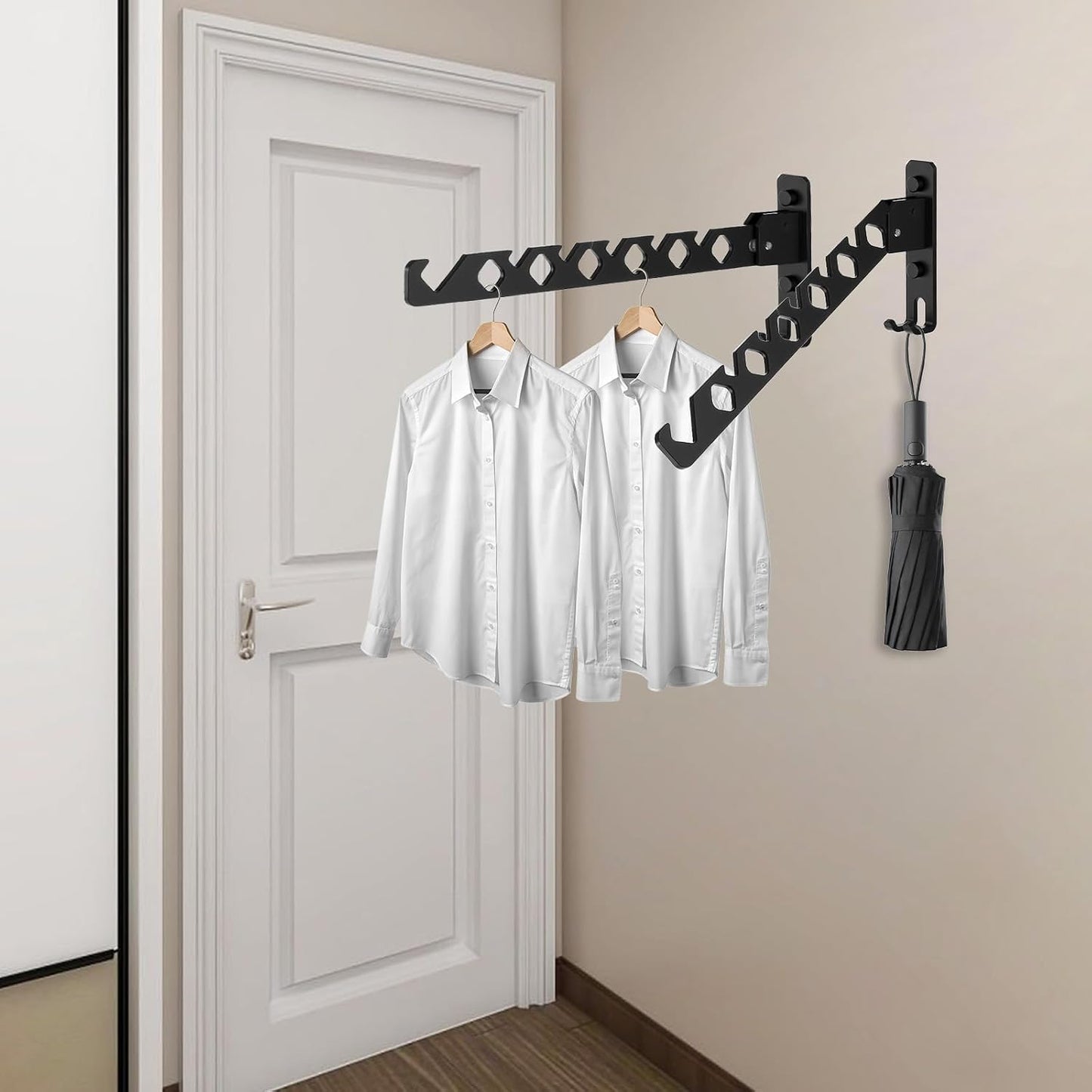 3-Pack Black Aluminum Wall Mounted Coat Hanger Holder, Retractable Folding Drying Rack - Space Saving Closet Organizer for Laundry, Bedroom, Bathroom