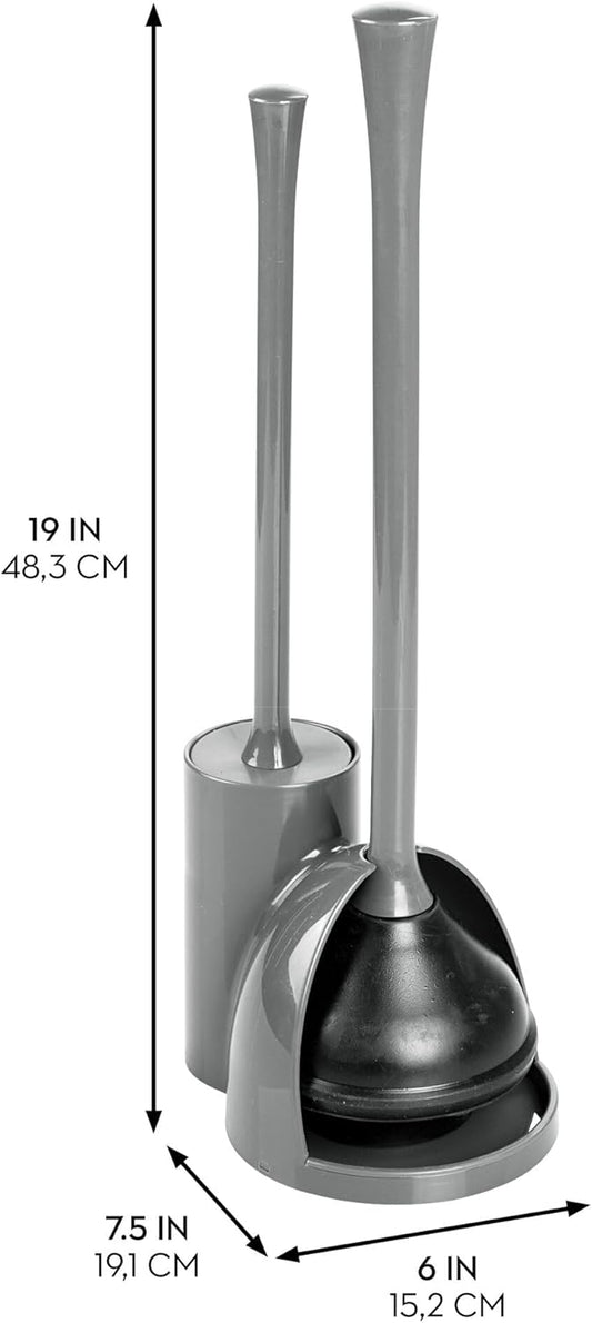 iDesign Compact Toilet Brush and Plunger Set, Gray | Bathroom Cleaning, Storage
