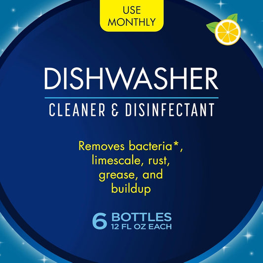 Dishwasher Cleaner, Removes Limescale, Rust, Buildup, and Grease, Lemon Scent, 12 Ounce Bottle, 6-Pack