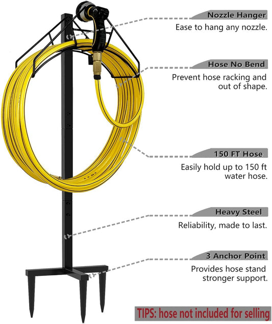 Artigarden Freestanding Garden Hose Holder Hanger, Outdoor Heavy Duty Metal Water Hose Storage Holders Stand Organizer Rack Detachable Stake, Holds 150 Ft of Hoses for Outside Lawn Yard, Black