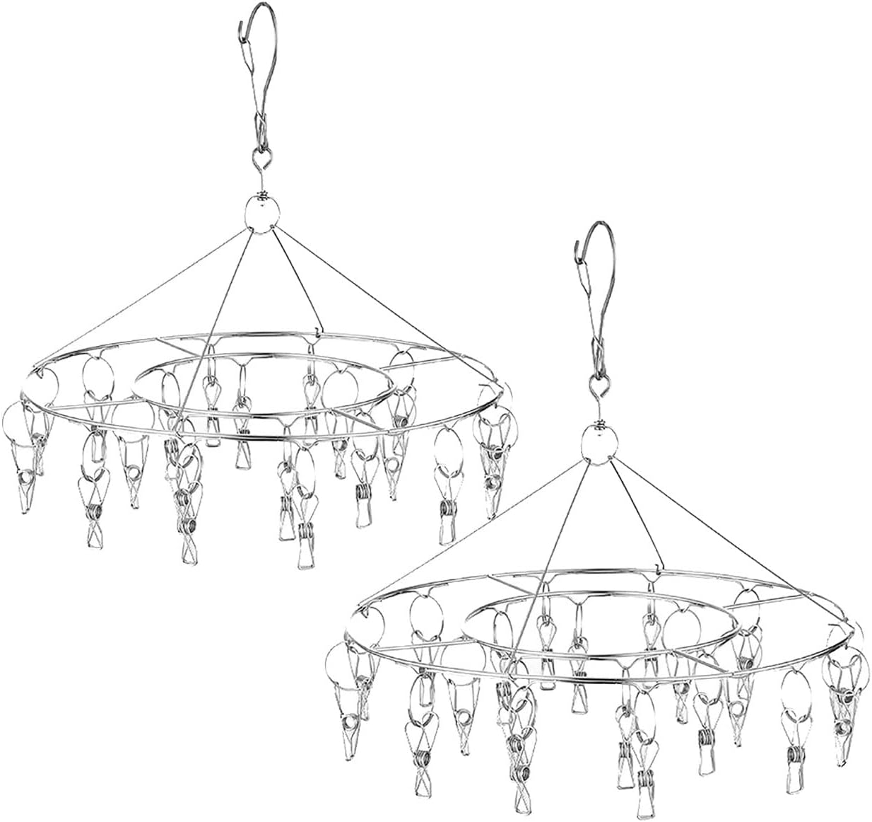 CenYouful Stainless Steel Round Hanging Drying Rack with 20 Clips for Drying Socks, Baby Clothes, Bras, Towel, Underwear, Hat, Scarf, Pants, Gloves