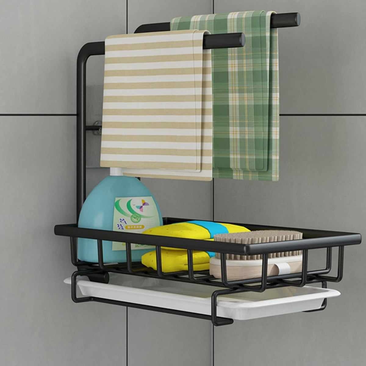 Wall-Mounted and Desktop Kitchen Sponge Draining Rack Black Dishcloth Holder Sink Shelf Home Essentials Storage Organizer for Kitchen Cleaning