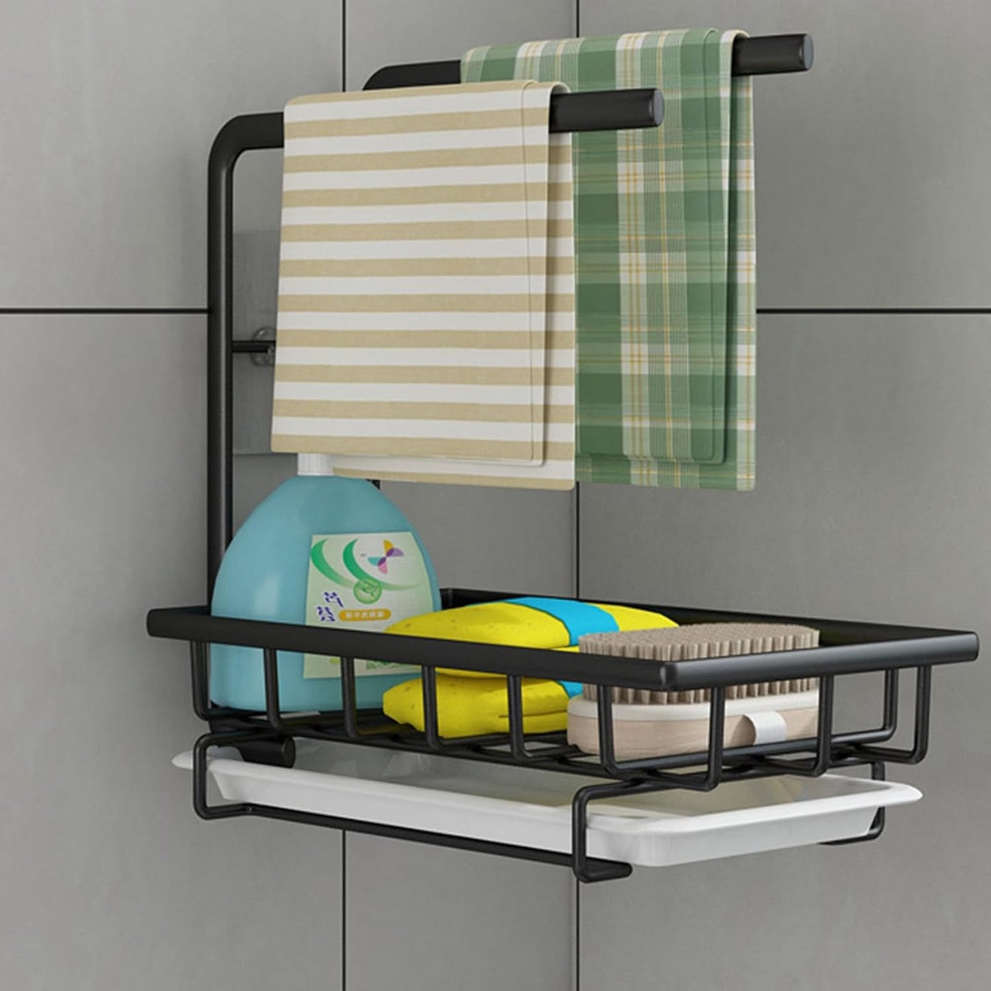 Kitchen Sponge Holder and Dishcloth Hanger Nail-Free Wall Mounted Kitchen Storage Rack with Drainage Black Multifunctional Sink Organizer Cleaning Tools