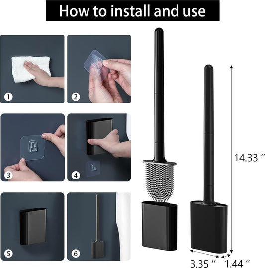 Black Toilet Brush, Toilet Bowl Brush, Silicone Toilet Brush and Holder, Compact Size, Toilet Brushes & Holders for Dead Corner Clean, Ventilation Slots Base