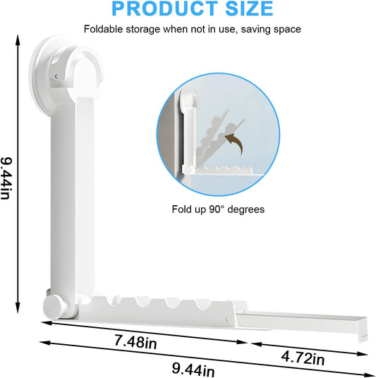 Foldable Clothes Drying Rack with Suction Cup, Wall-Mounted Clothes Drying Rod with Retractable Rod for Laundry Bathroom RV Balcony, Travel Portable Drying Rack for Clothe, White