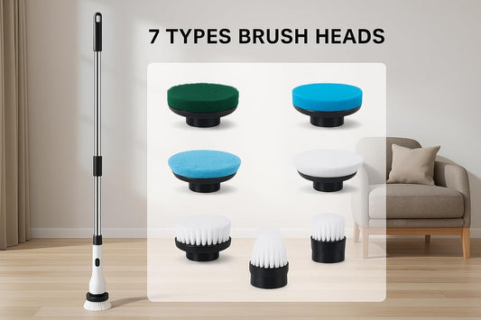 7-in-1 Electric Spin Scrubber, 25W Powerful Cordless Cleaning Brush with Adjustable Handle & 7 Replaceable Heads for Bathroom, Floor, Tile, Kitchen & Car