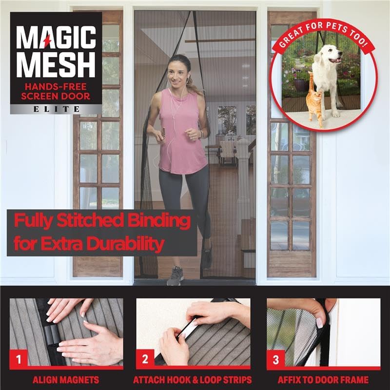 Magic Mesh Elite- More Durable Magnetic Screen Door, Reinforced Seam Mesh Curtain Keeps Bugs Out, One Panel Hook & Loop Frame, Strong & Hidden Magnets- Fits Single Doors up to 39 x 83 Inches