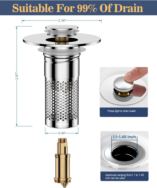 Bathroom Sink Drain Strainer, Universal Pop-up Sink Stopper with Removable Hair Catcher & Stainless Steel Filter Basket, Anti-Clog Drain Protector Fits Most US Standard Bathroom Sinks